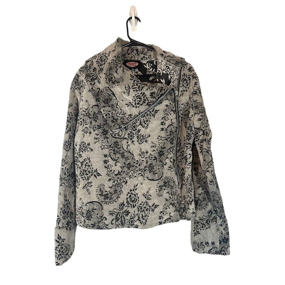 Dumb Clothing Gray Black Floral Jacket Asymmetrical Zip Front Women Size M L